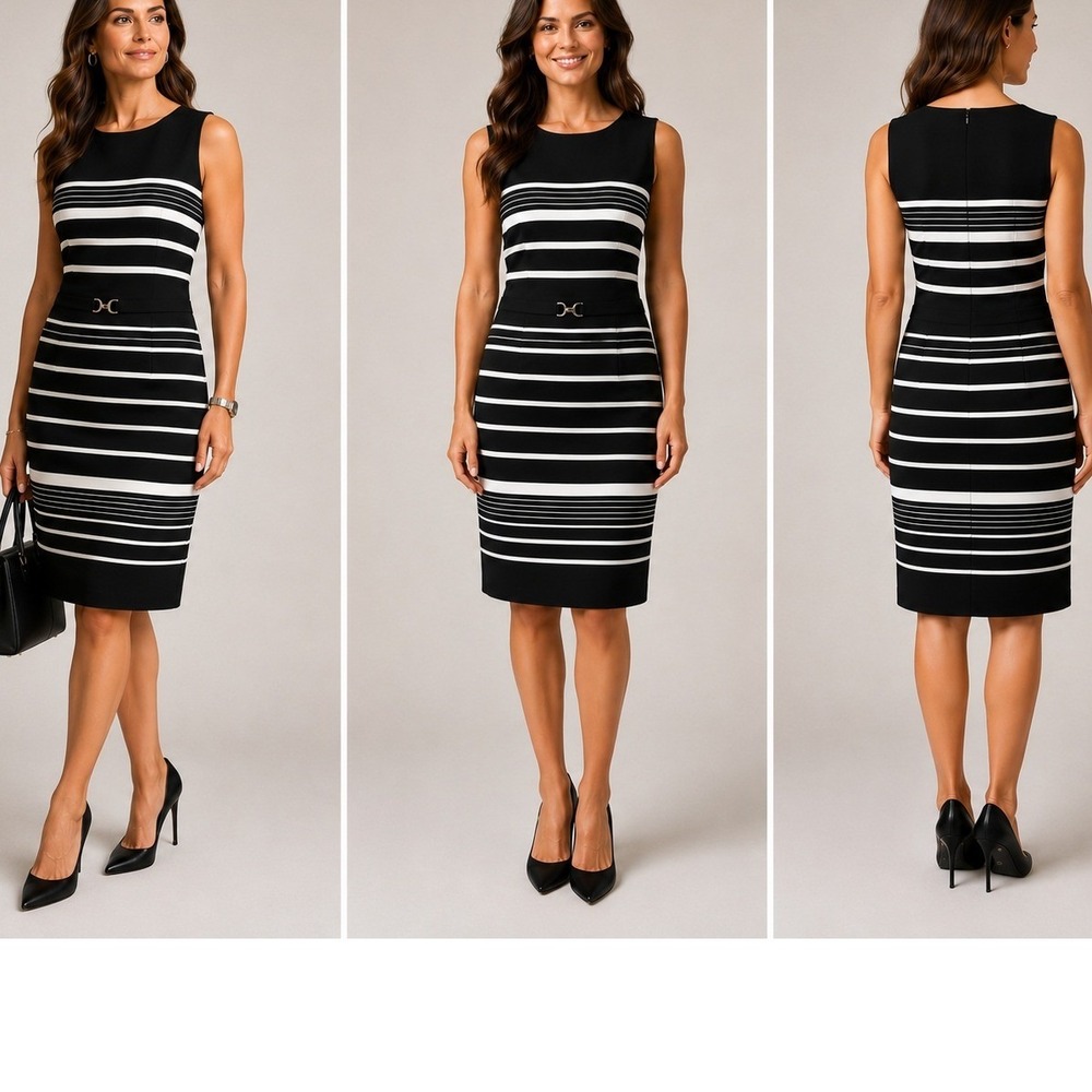 NWT White House Black Market‎ Striped Sheath Dress Size 14 Black White Buckle